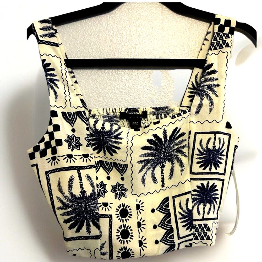 tropical boho Crop Top Women's L Monteau Linen Blue Palm Tree Print Elastic Back
